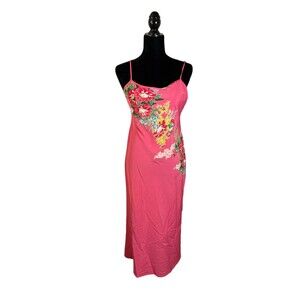 Natori Barbie Pink Floral Open Low Back Silky Maxi Slip Dress Nightgown Size XS